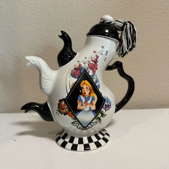 Whimsical Black and White Alice in Wonderland Teapot with Characters - Picture 3 of 3